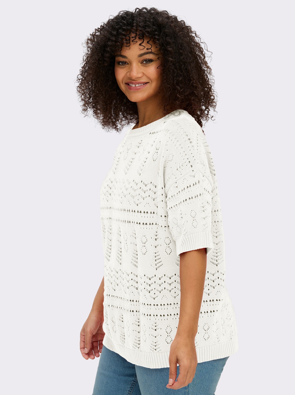 sheego Kurzarmpullover aus Ajourstrick - ecru