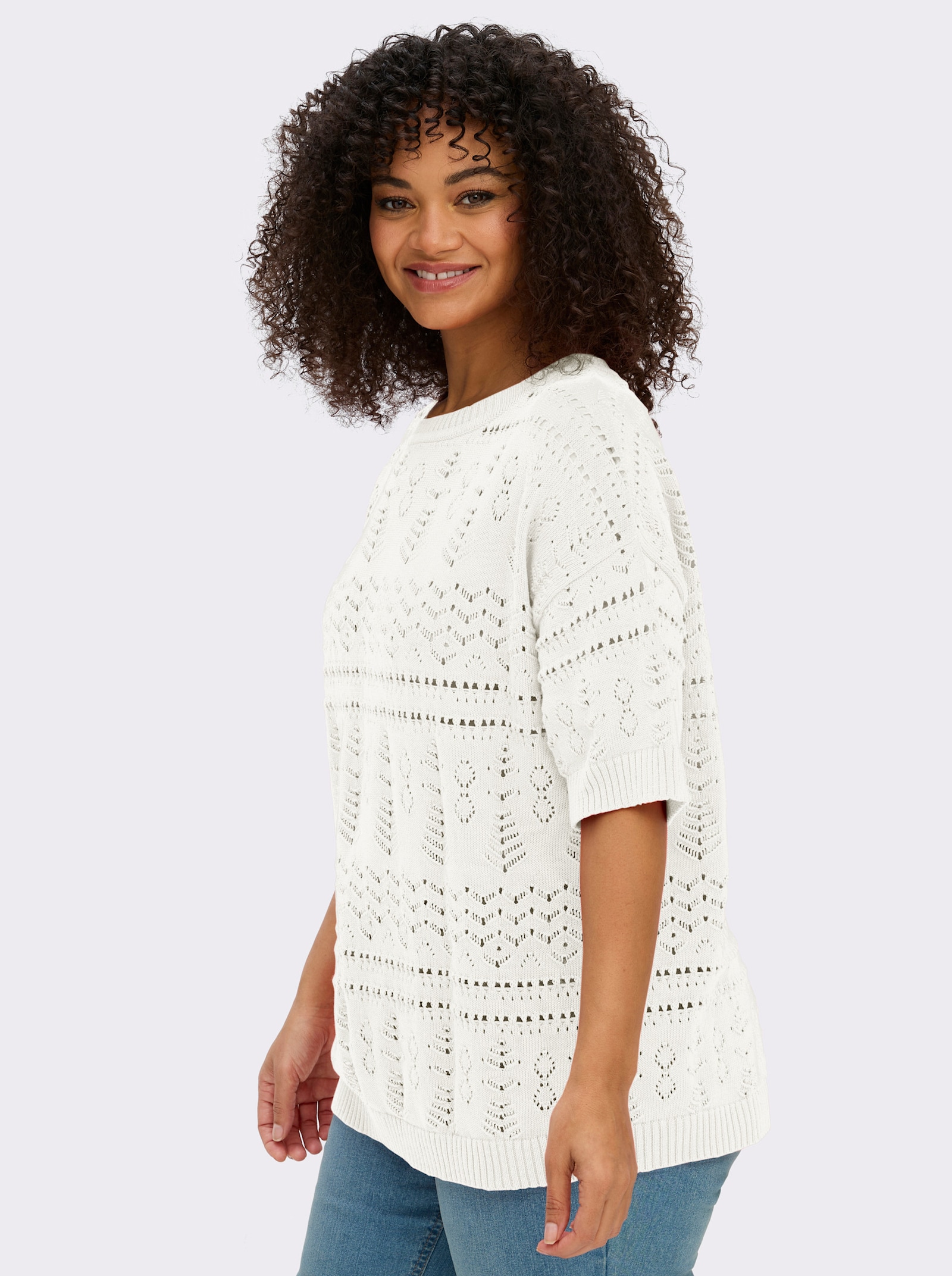 sheego Kurzarmpullover aus Ajourstrick - ecru