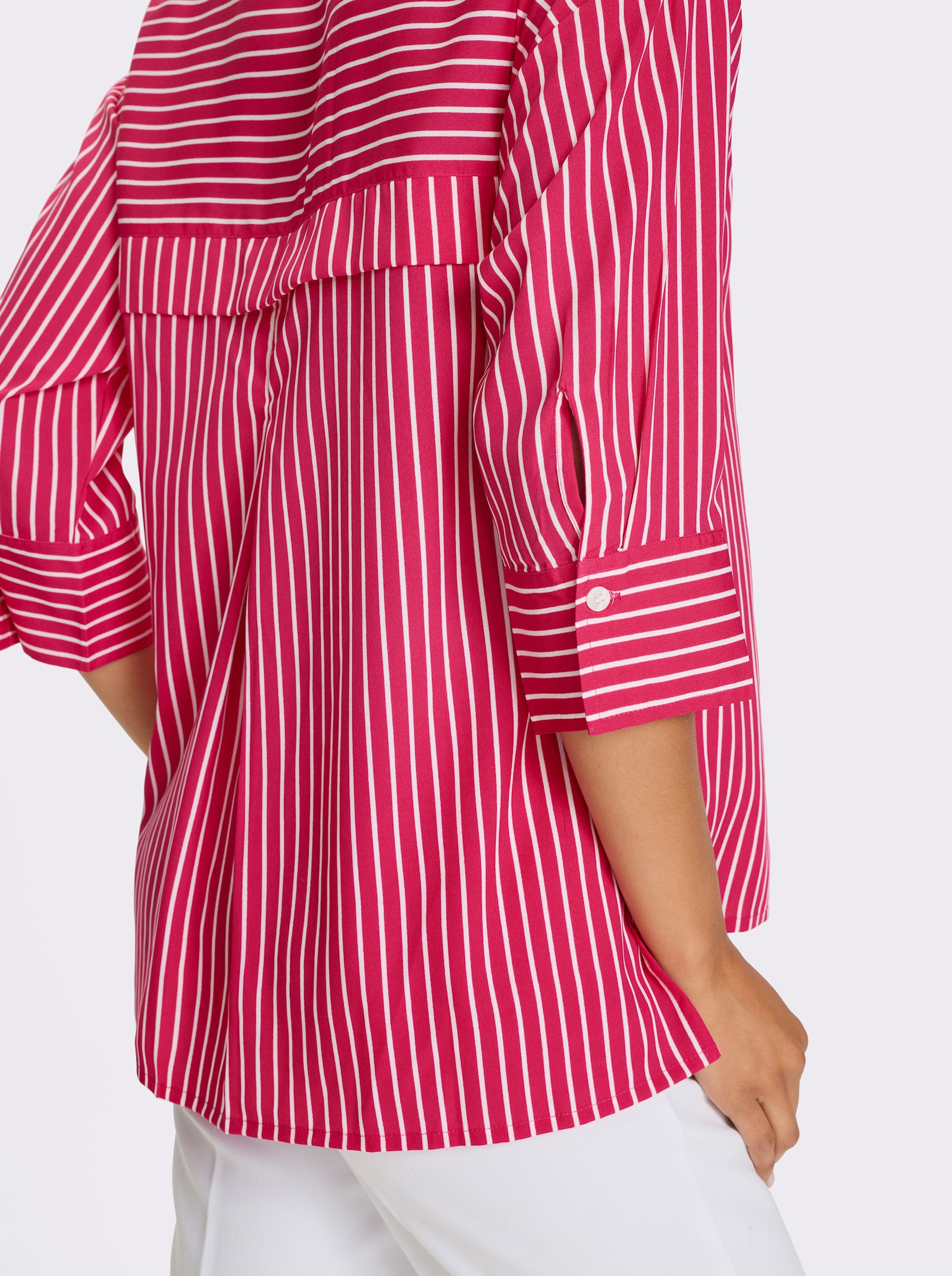 Longbluse mit Kellerfalte im Rückteil - weiss-pink-gestreift