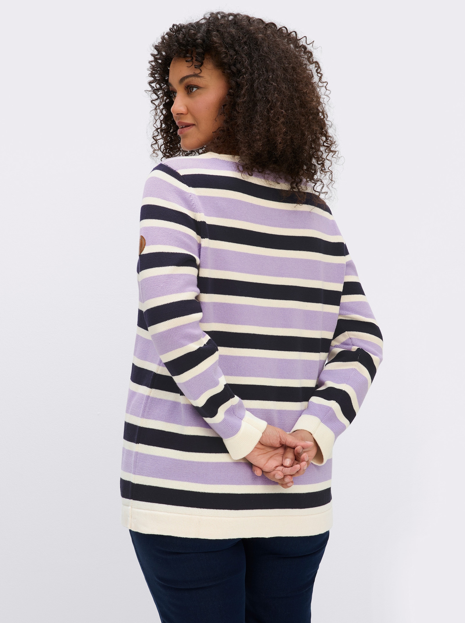 sheego Strickpullover im Colour-Blocking - lila-ecru-geringelt