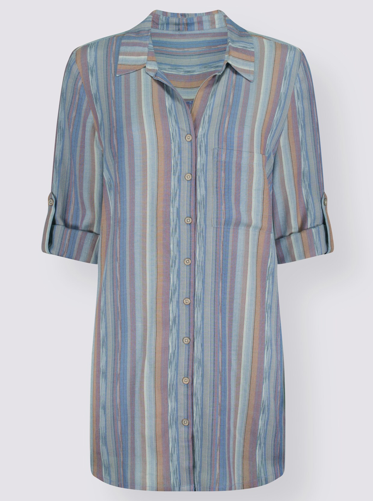 Longline blouse - duifblauw/rozenhout gestreept
