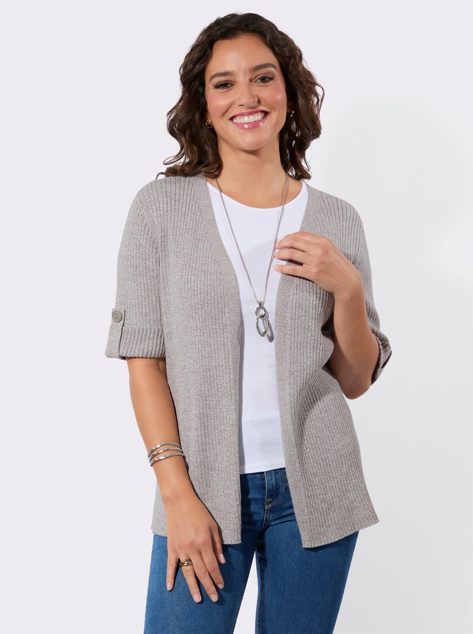 Vest van gemêleerd garen, onderhoudsarm - taupe/wit gemêleerd