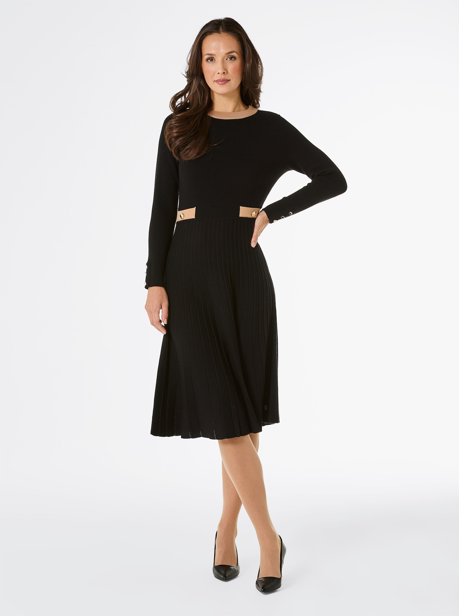 CREATION L PREMIUM Strickkleid aus Merinowolle - schwarz-camel-gemustert