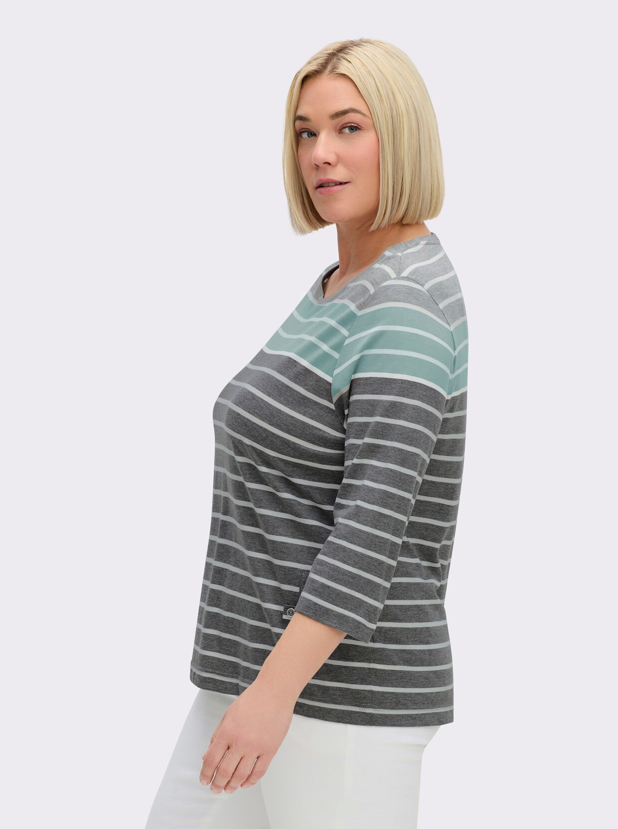 3/4-Arm-Shirt mit 2 imitierten Taschen - grau-mint-gestreift