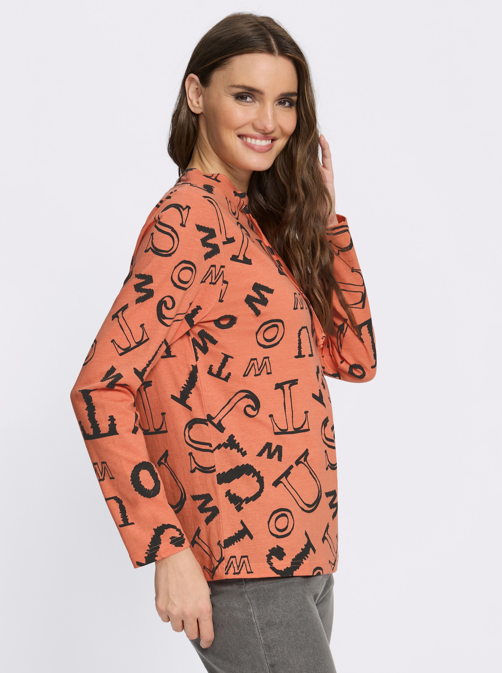 Stehkragenshirt mit Lettering-Print - papaya-schwarz-bedruckt