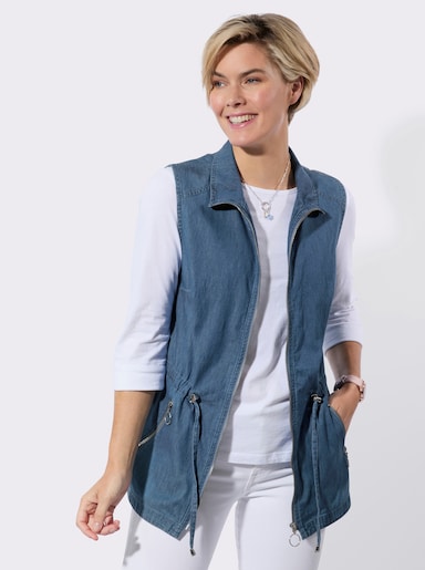 Jeansweste mit schräger Schulterpasse - blue-bleached