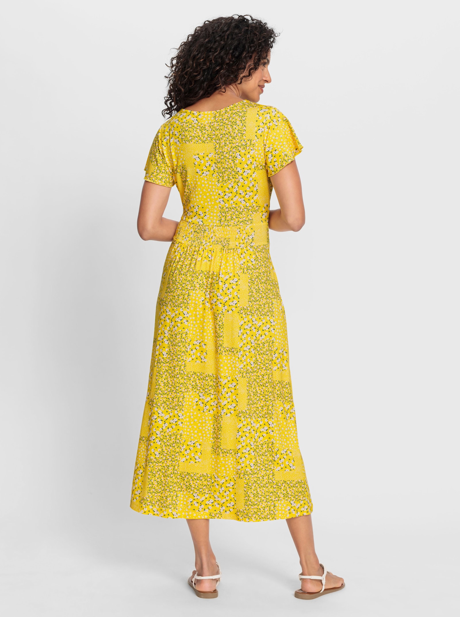 Jerseykleid mit Flügel-Ärmeln - sonnengelb-champagner-bedruckt