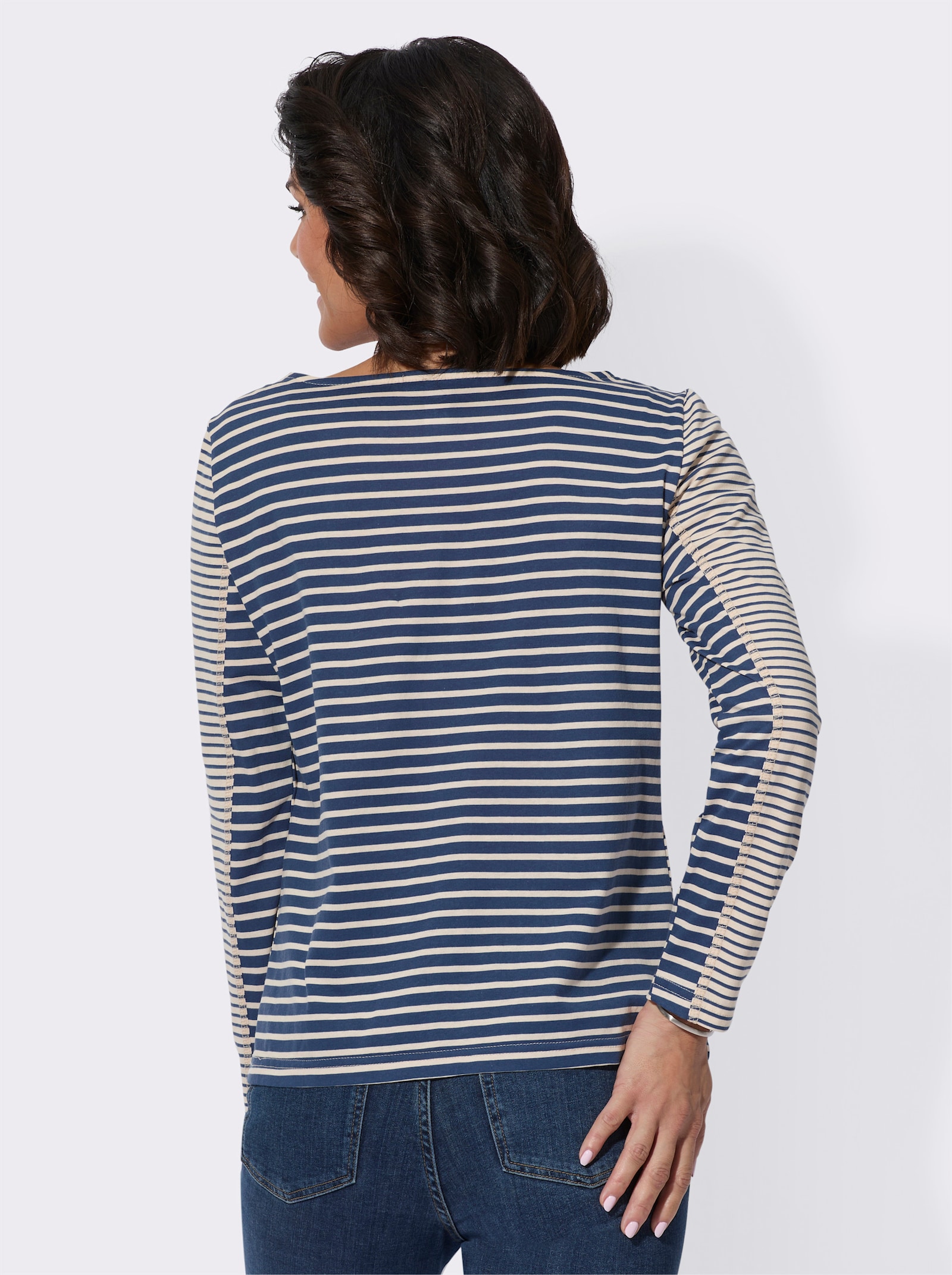 Langarmshirt mit U-Boot-Ausschnitt, geringelt - jeansblau-elfenbein-geringelt