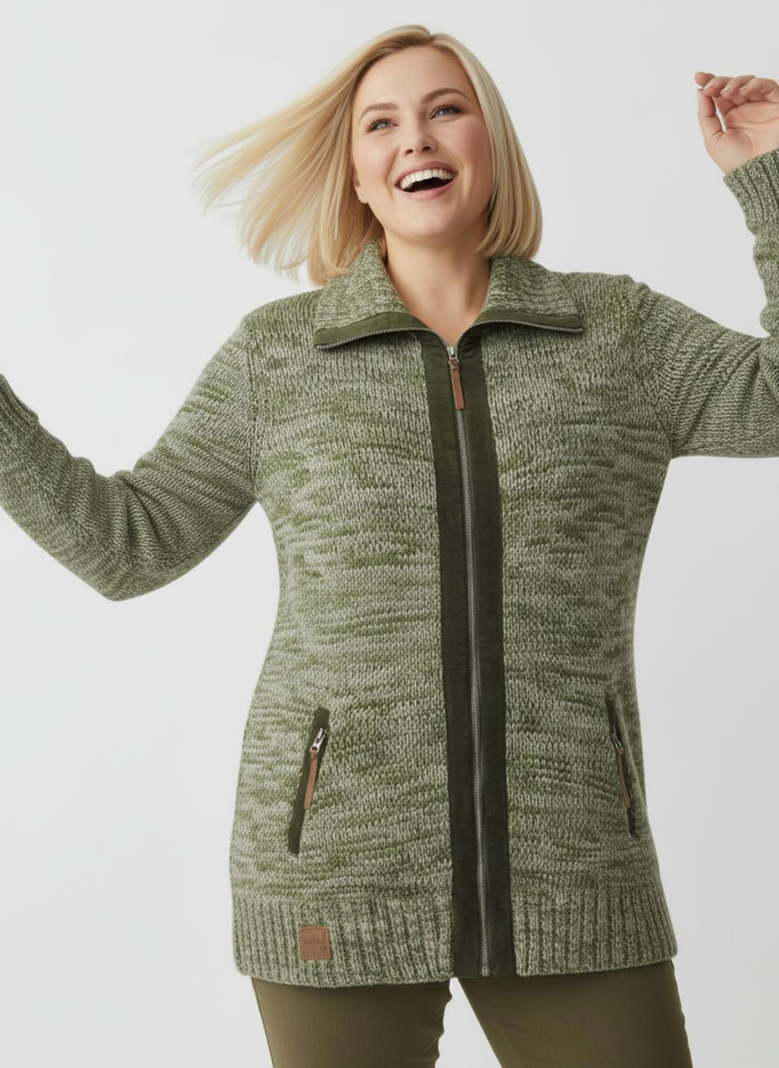 Longstrickjacke mit Troyerkragen - schilf-ecru-meliert