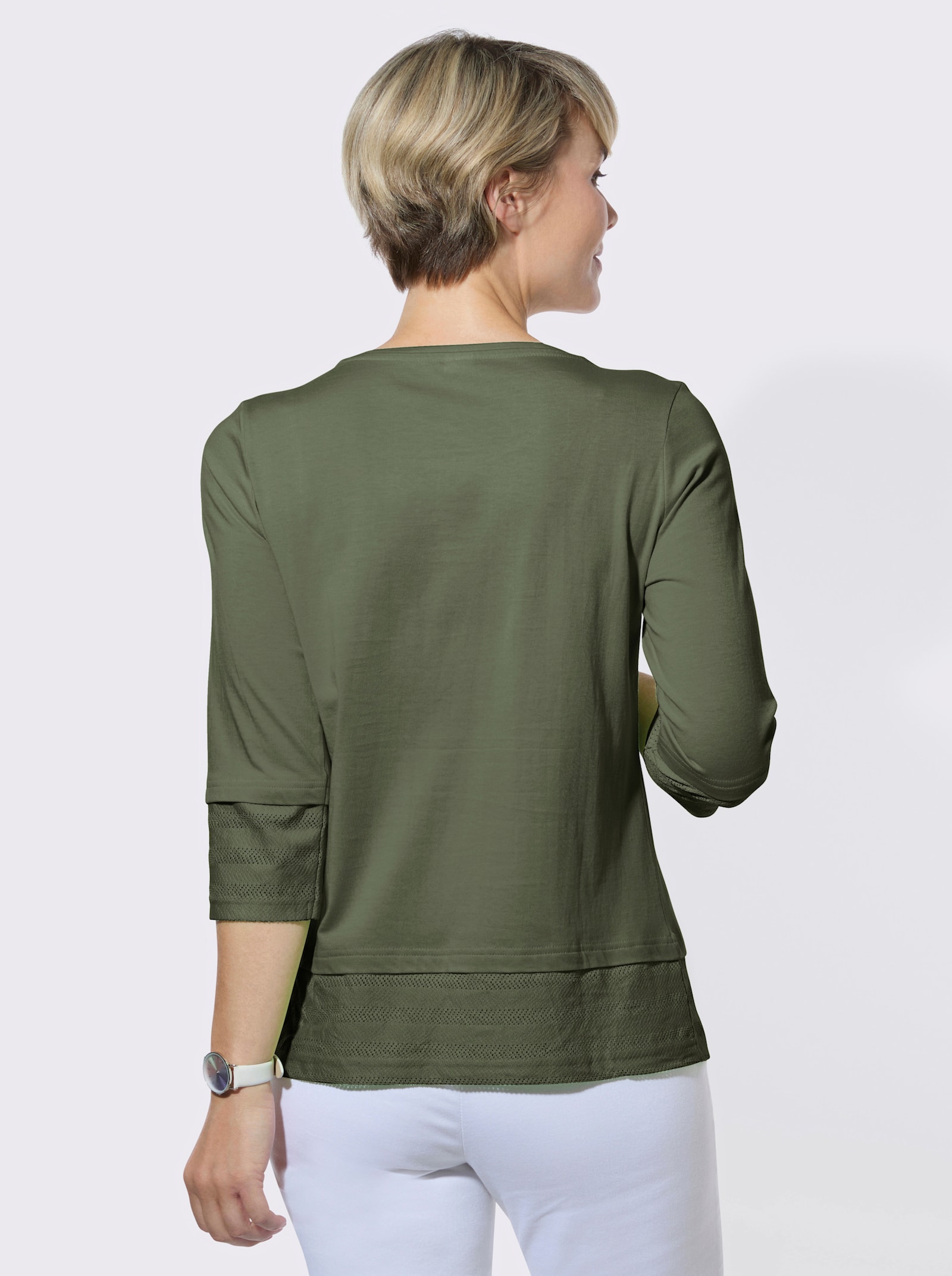 Rundhalsshirt mit Netzeinsätzen - khaki