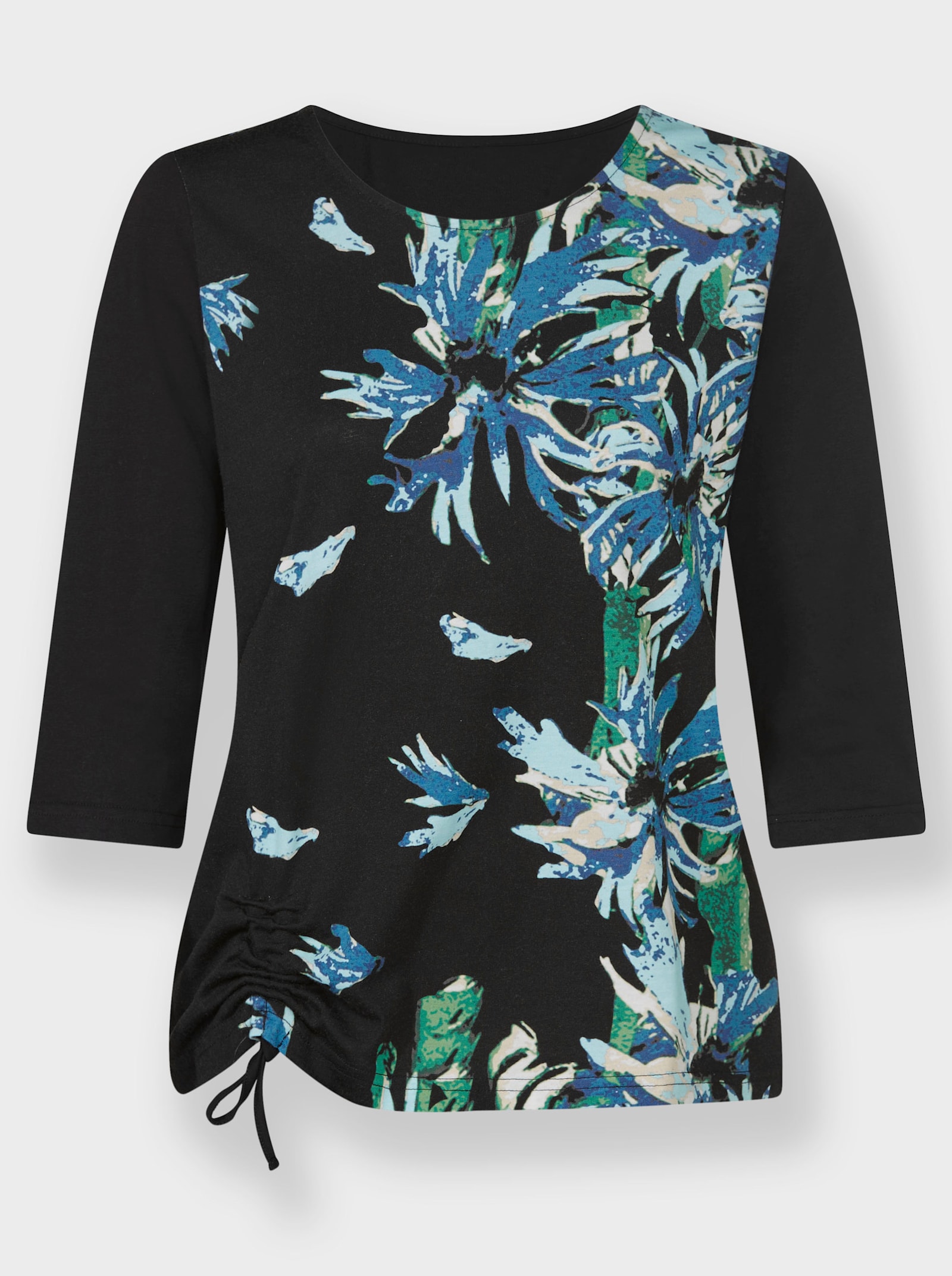 Shirt met 3/4-mouwen en bloemenprint - zwart/aquamarijn bedrukt