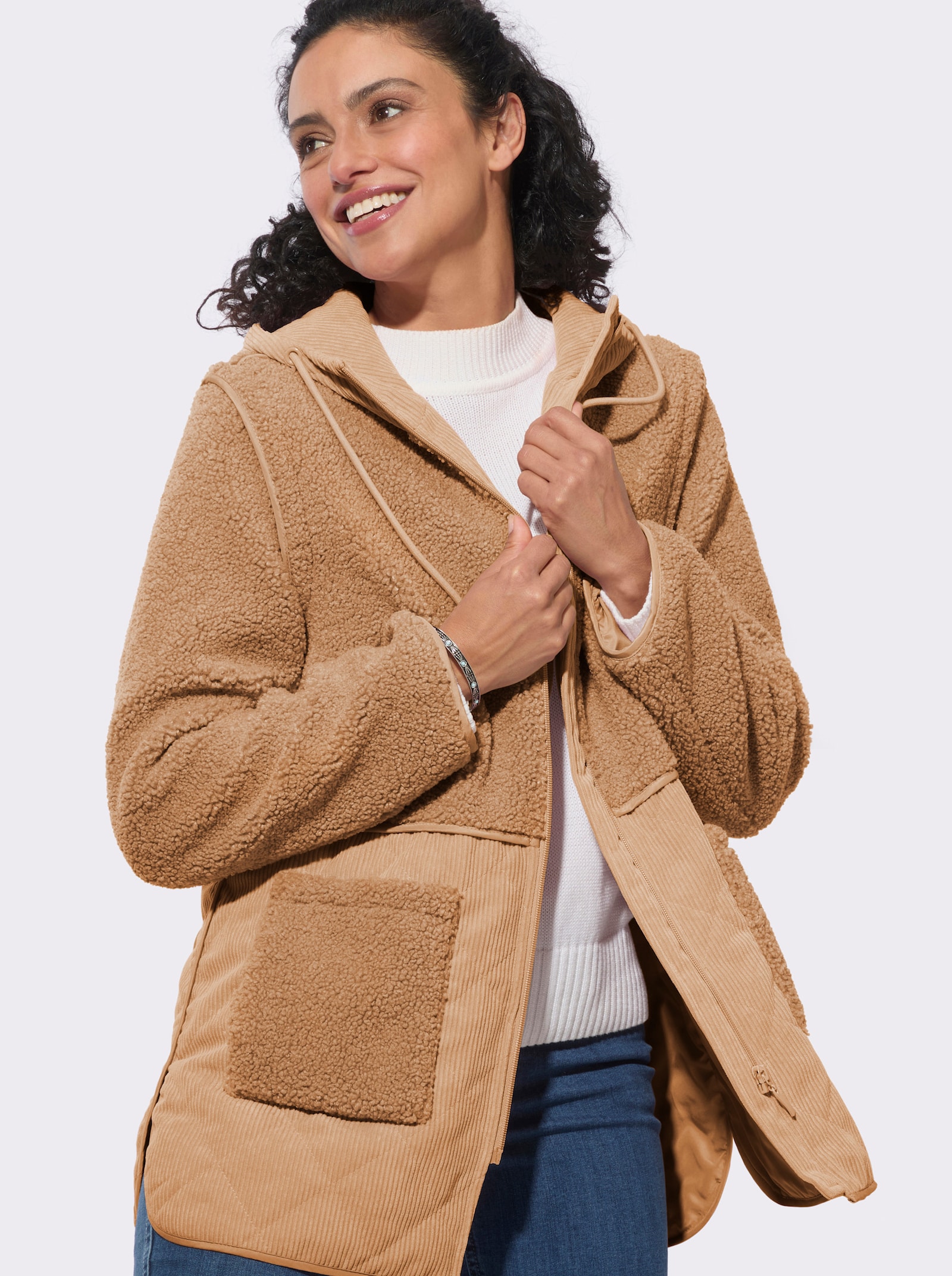 2-in-1-Jacke aus Teddyfleece und Cord - camel