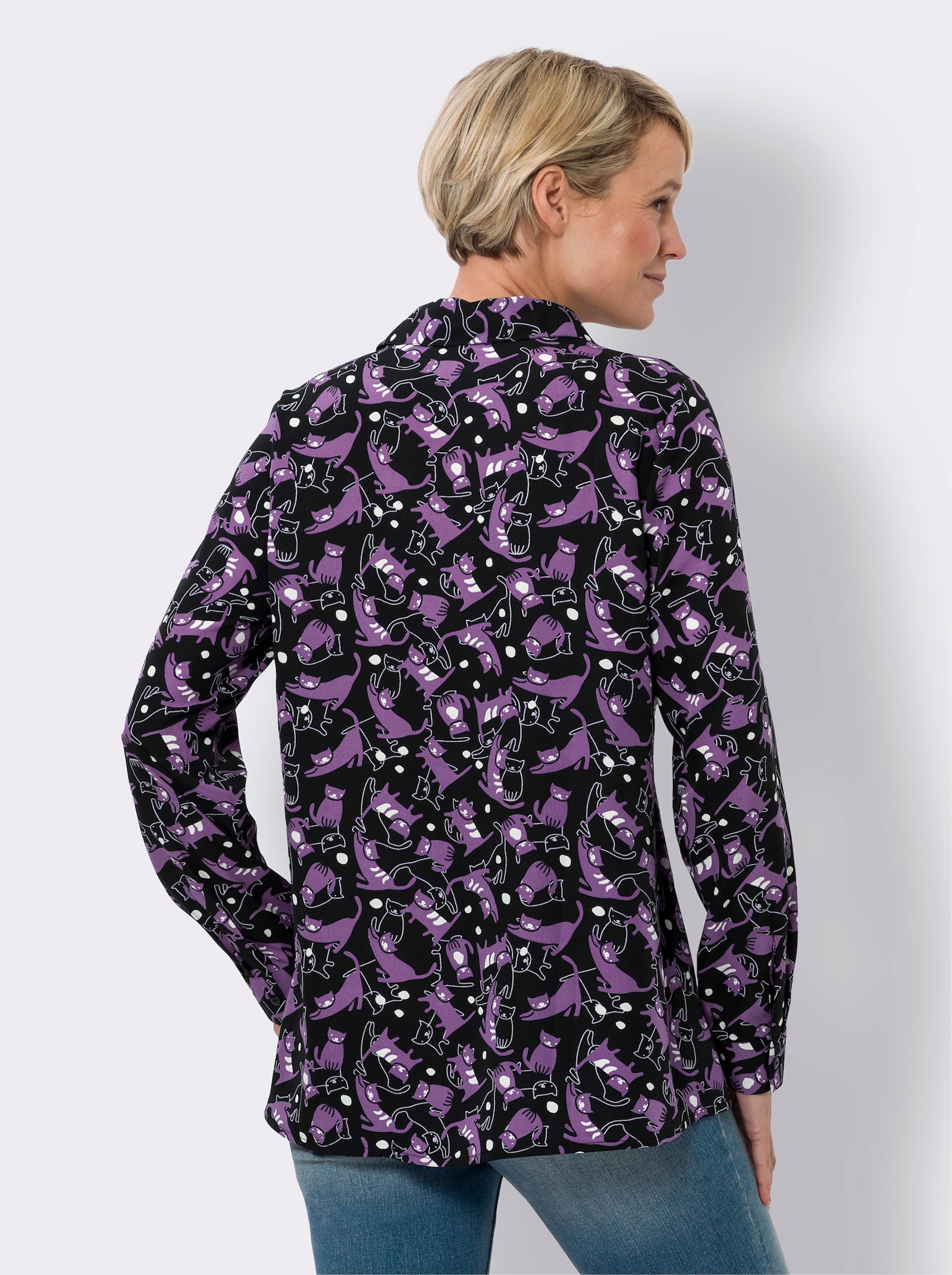 Longbluse mit Katzen-Motiv - schwarz-lila-bedruckt