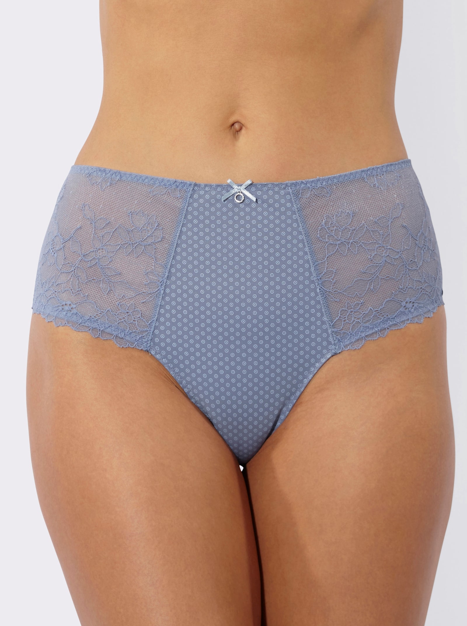 Hüftslip mit unterlegter, bedruckter Netzware - taubenblau