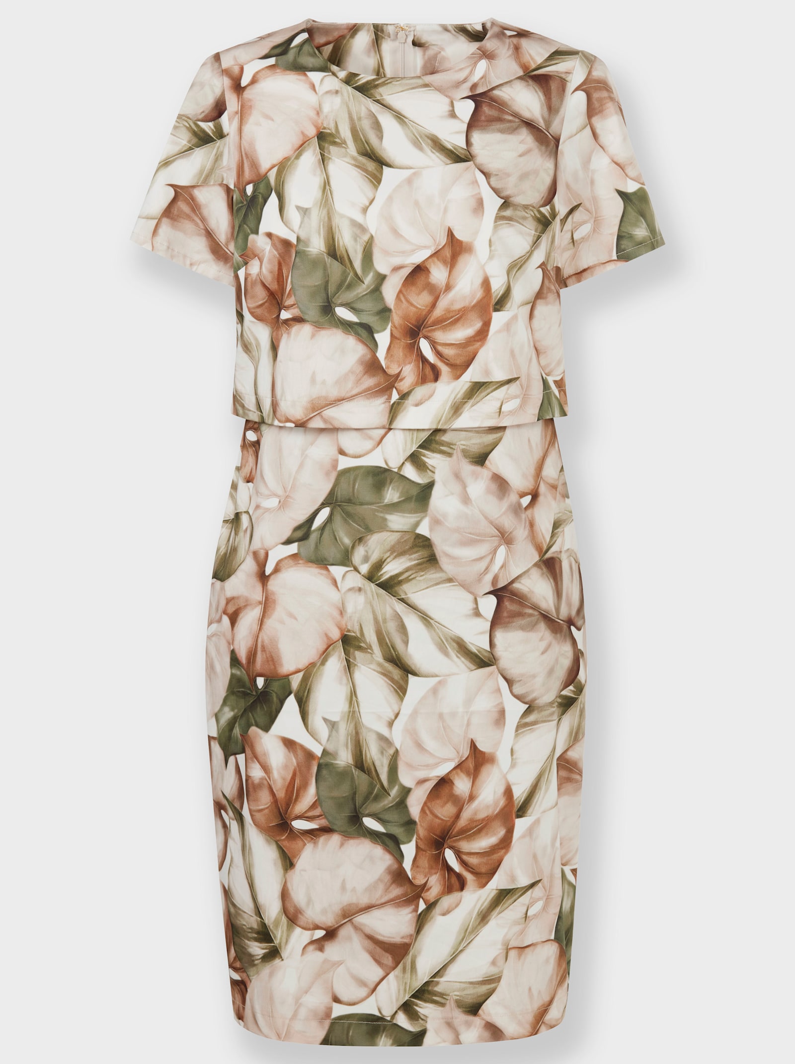 Etuikleid im Blätter-Dessin - ecru-khaki-bedruckt