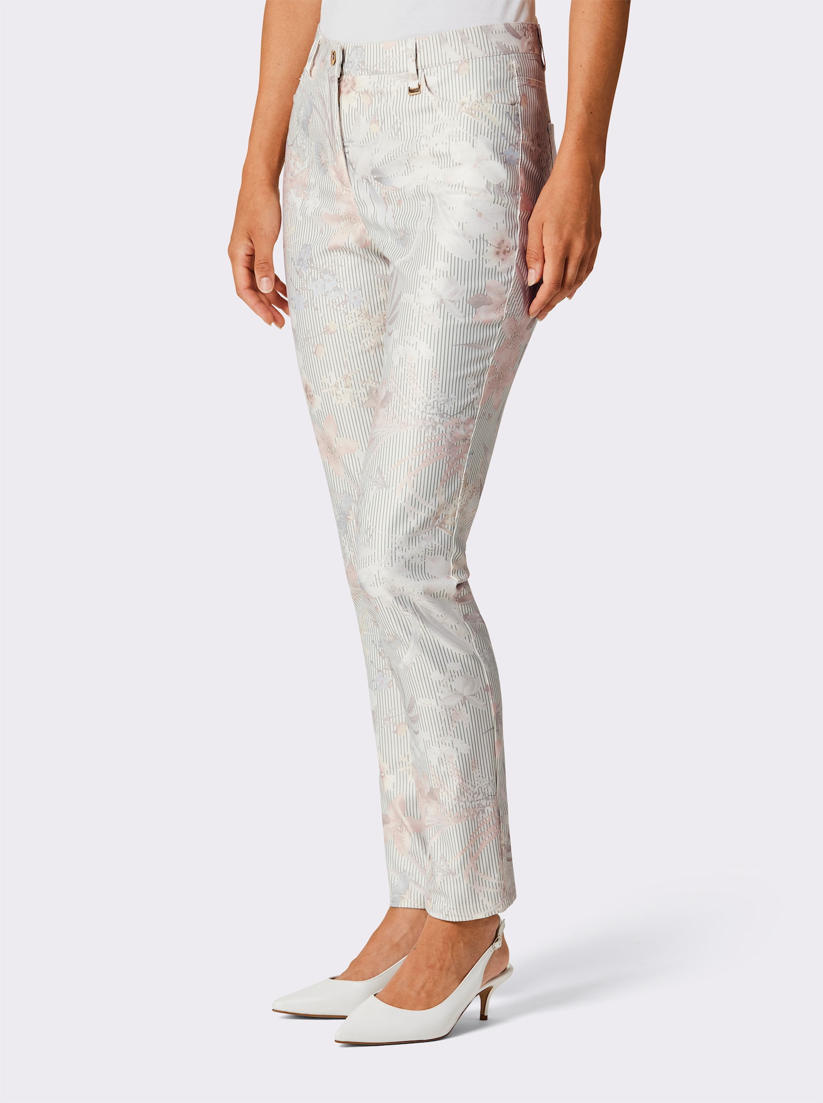 CREATION L PREMIUM 5-Pocket-Jeans in softer Twill-Qualität - ecru-rosé-bedruckt