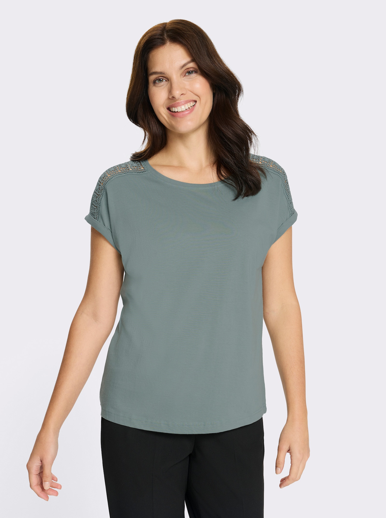 Rundhalsshirt mit Spitze an der Schulter - jade