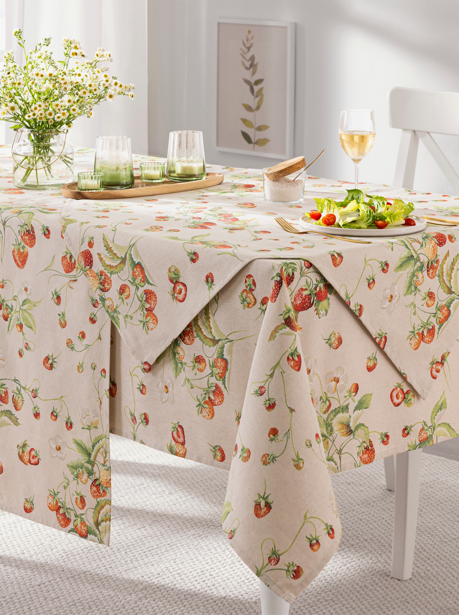 Tischdecke - ecru-erdbeere-bedruckt