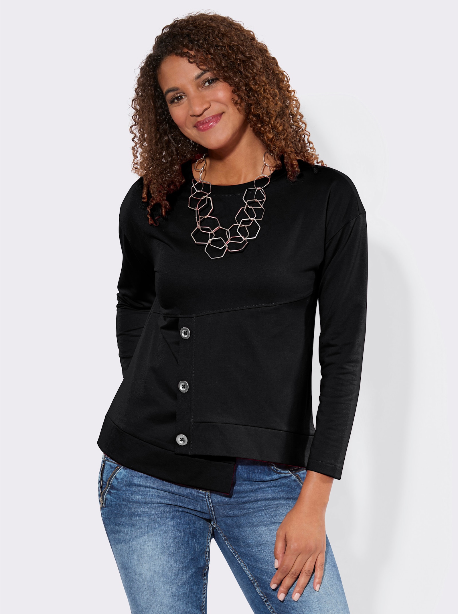 Sweatshirt mit Zierknöpfen vorne - schwarz