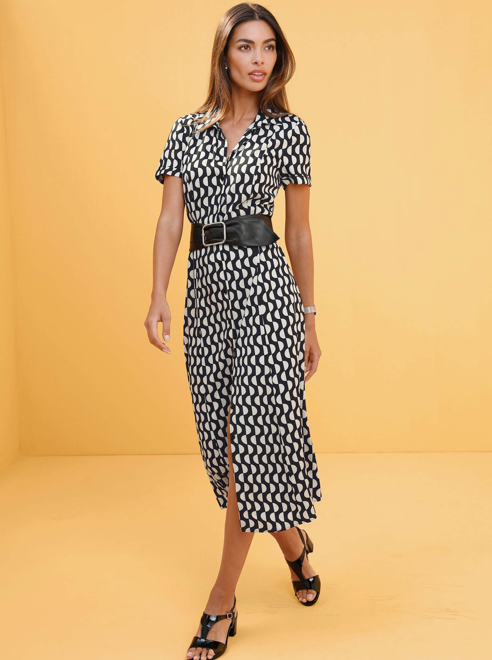 heine Druckkleid mit Stoffbindegürtel - schwarz-ecru