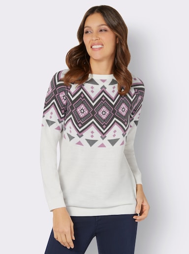 Jacquard-Pullover - ecru-orchidee-gemustert