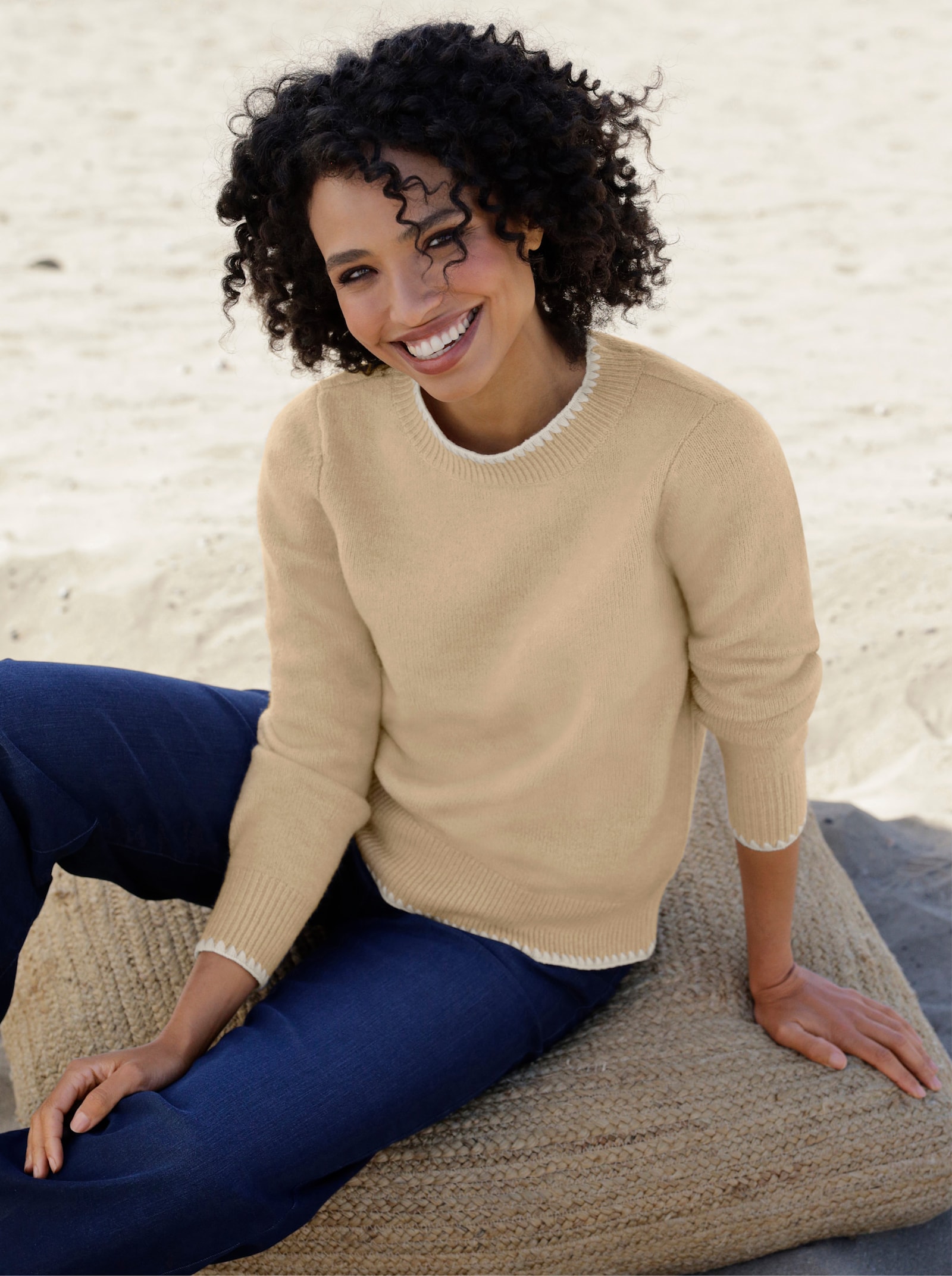 heine Langarm-Pullover mit Kontrast-Abschlüssen - beige-meliert