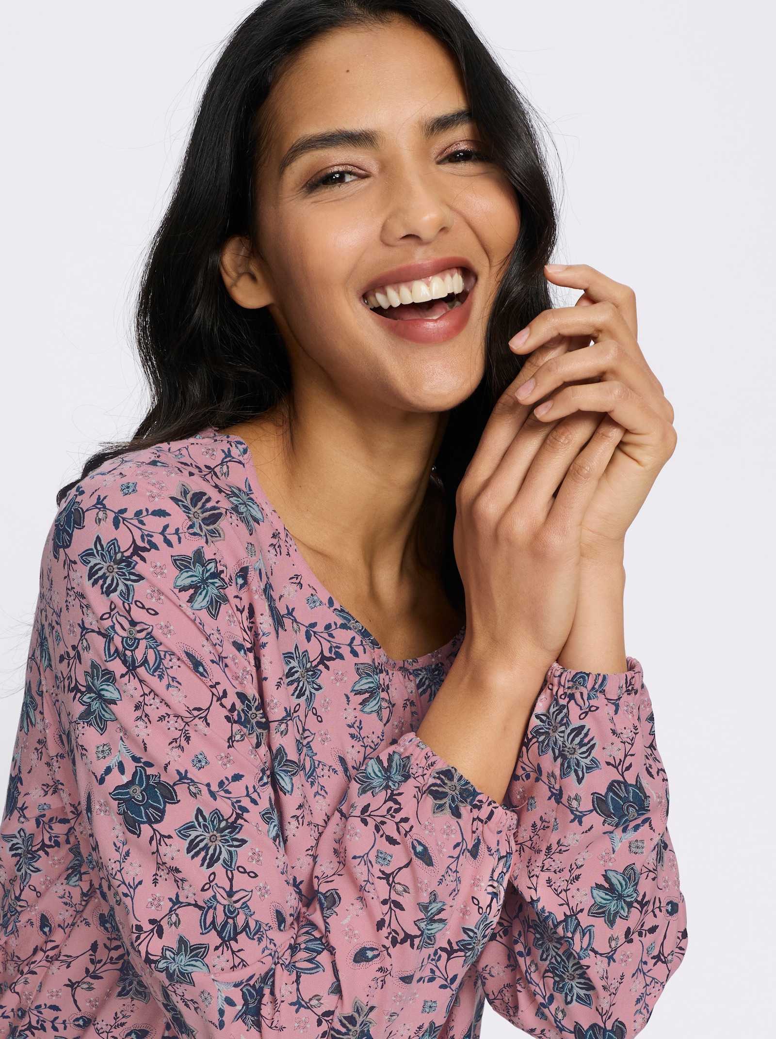 Schlupfbluse mit Raffung am Ausschnitt - rosenquarz-marine-bedruckt