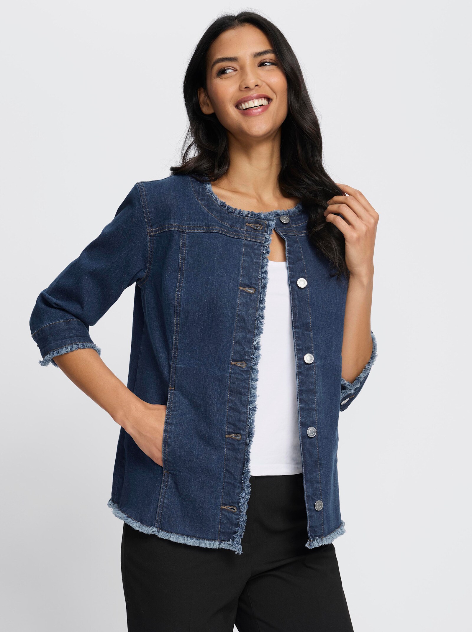 Jeansjacke mit Fransen - blue-stone-washed