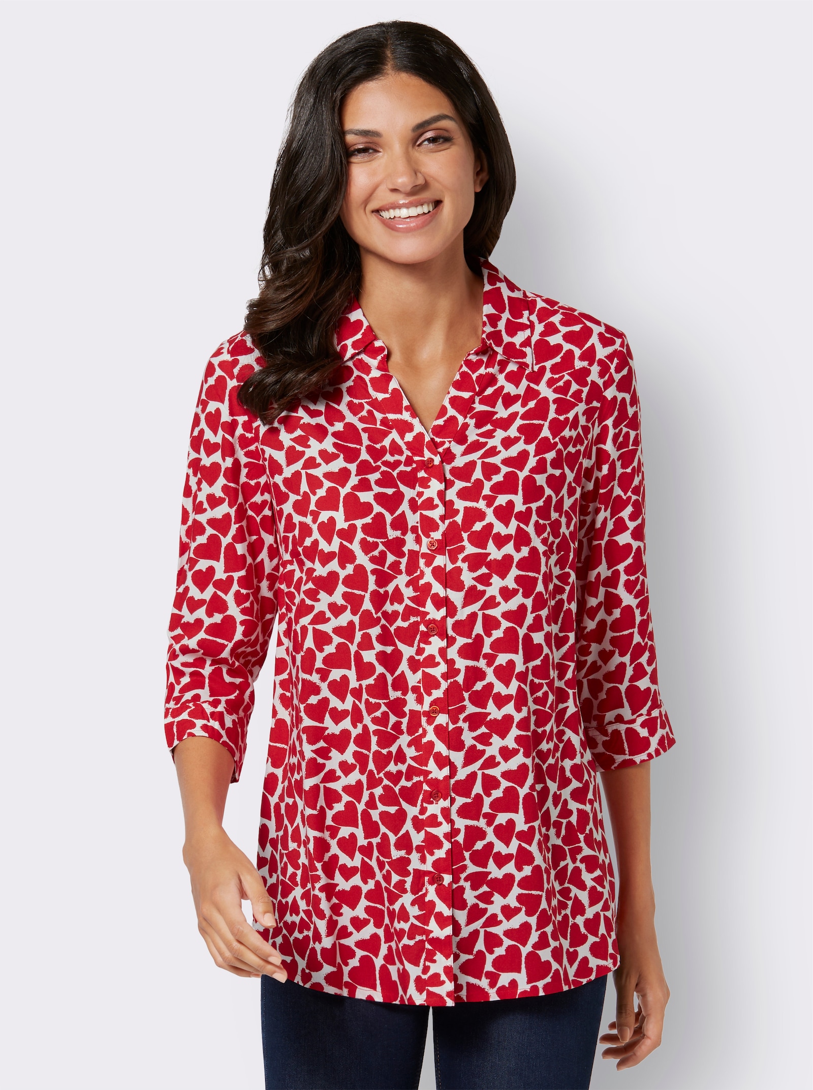 Lång blus, hjärtmönster, ren viskos - mönstrad i vitt och rött