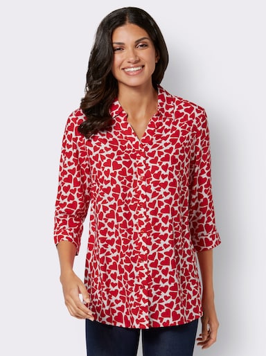 Longbluse im Herz-Dessin, reine Viskose - weiß-rot-gemustert