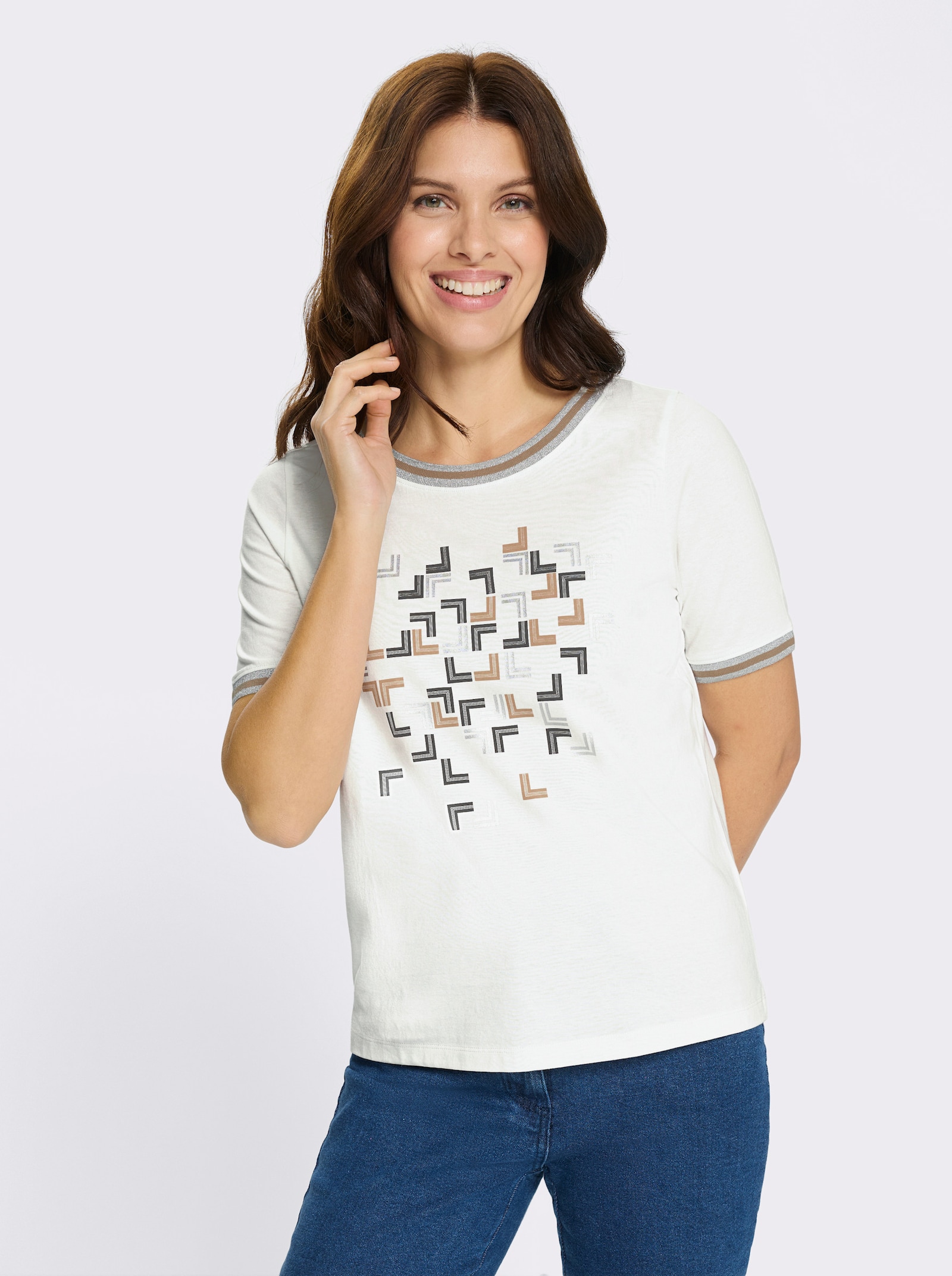 Kurzarmshirt mit silberfarbigem Foliendruck - ecru-camel