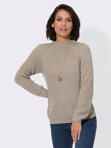 Stehkragenpullover mit Zopfstrick-Muster - sesam-meliert