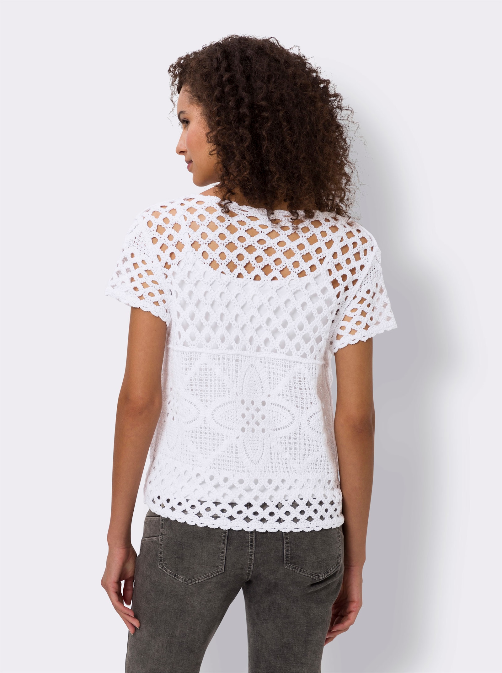 heine Strickweste in Häkel-Optik - weiss