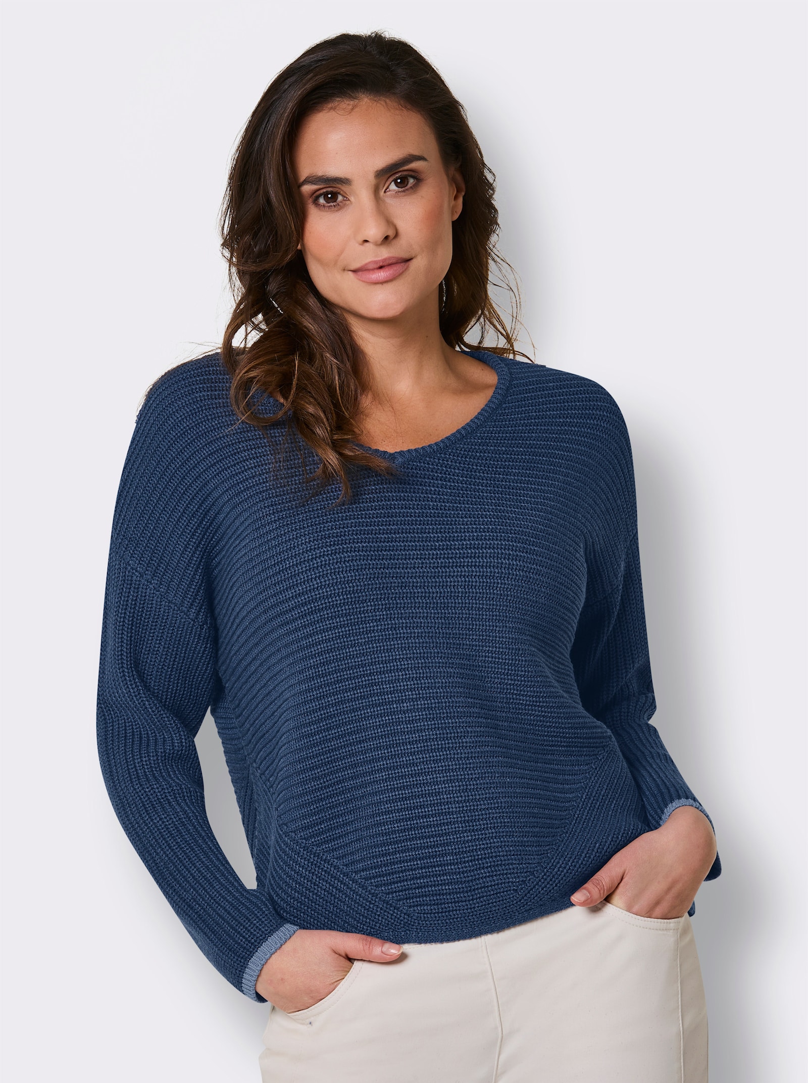 CREATION L PREMIUM Langarm-Pullover mit Kontrastkanten - jeansblau-meliert