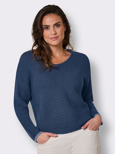 CREATION L PREMIUM Langarm-Pullover mit Kontrastkanten - jeansblau-meliert