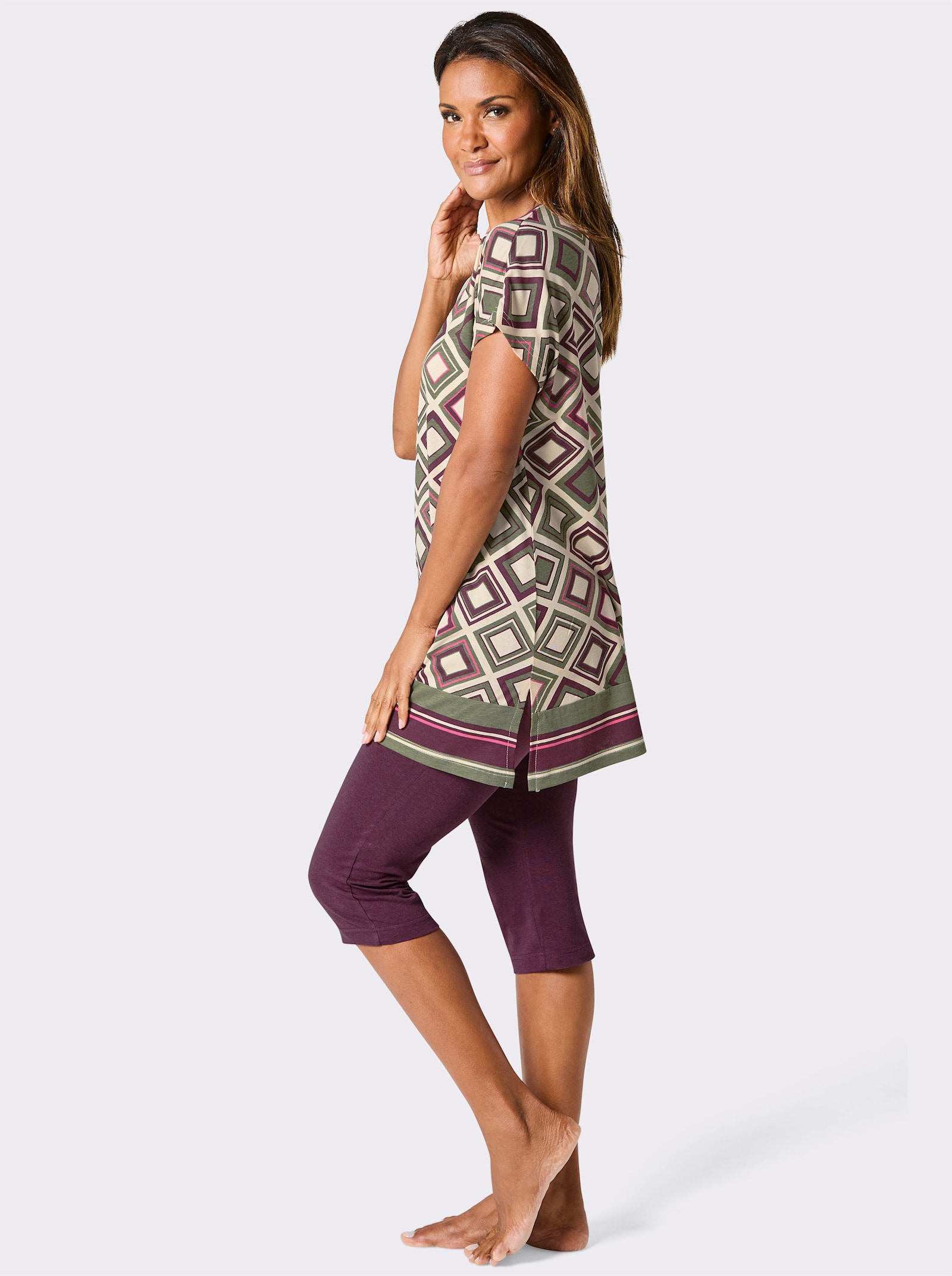 wäschepur Capri-Schlafanzug - burgund-khaki-bedruckt