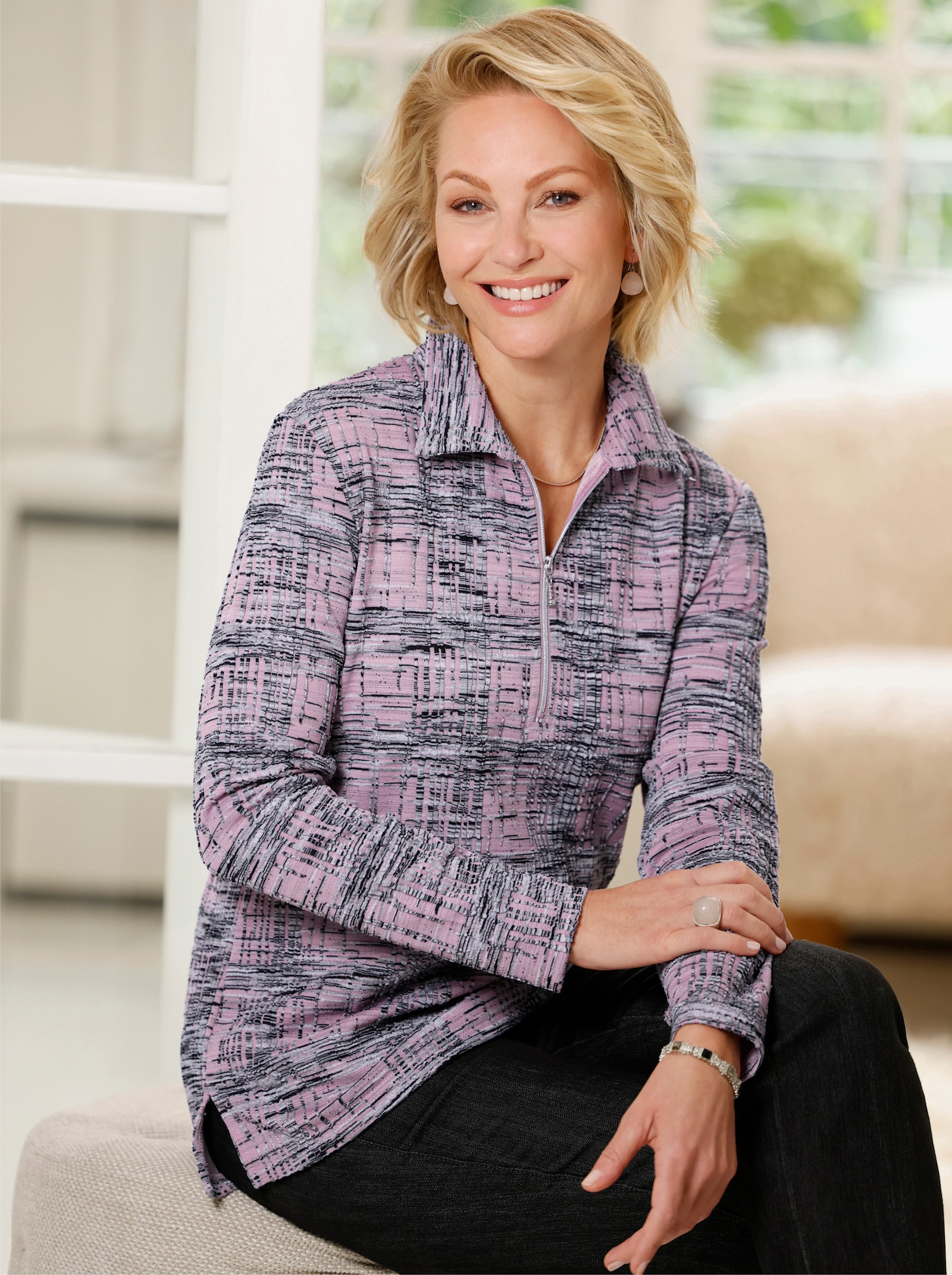 Poloshirt van warm materiaal - mauve/steengrijs gedessineerd