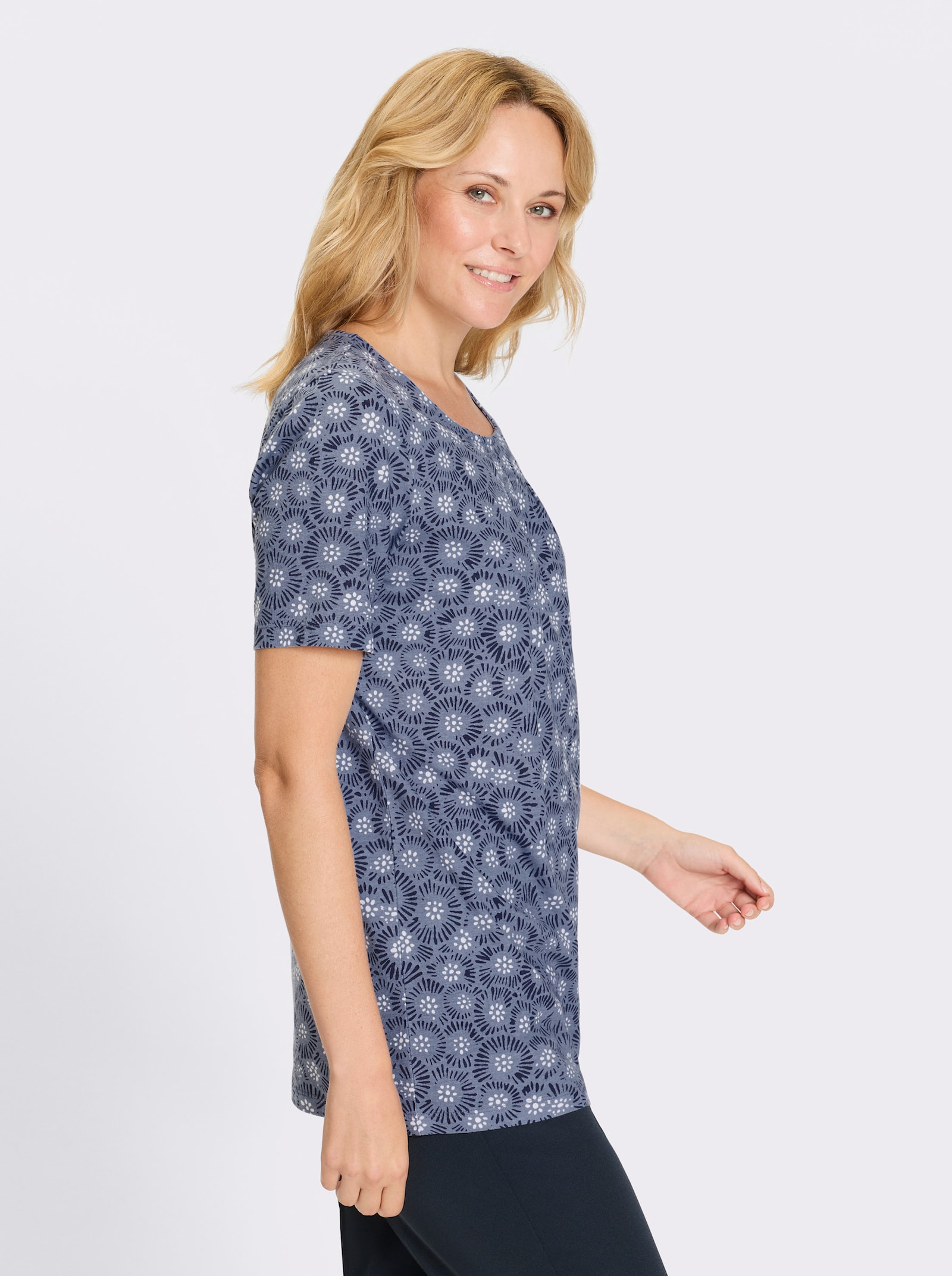 Longshirt mit Falten am Ausschnitt - taubenblau-marine-bedruckt