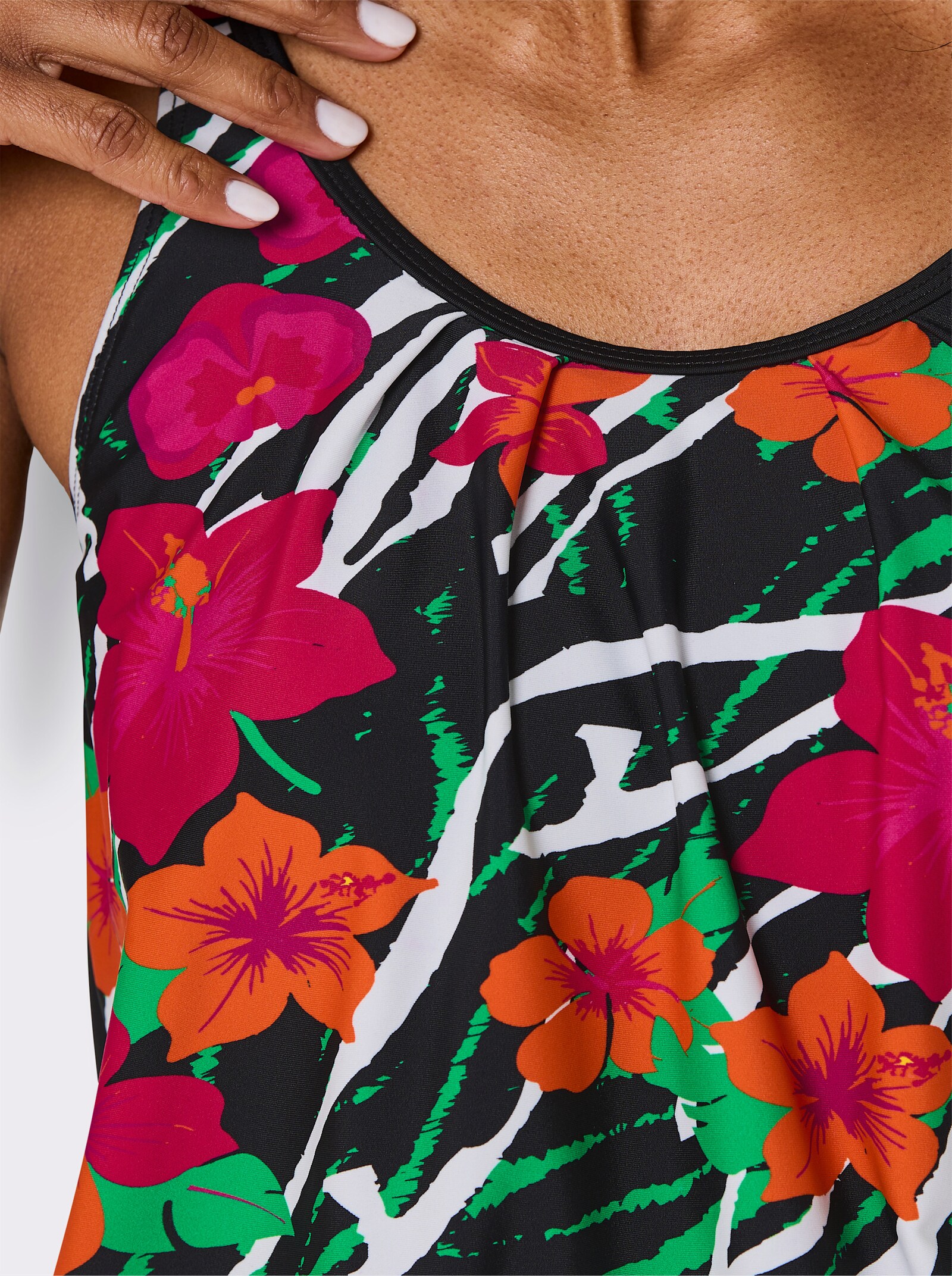 feel good Tankini-Oberteil mit Elastikbund in der Taille - schwarz-fuchsia-bedruckt