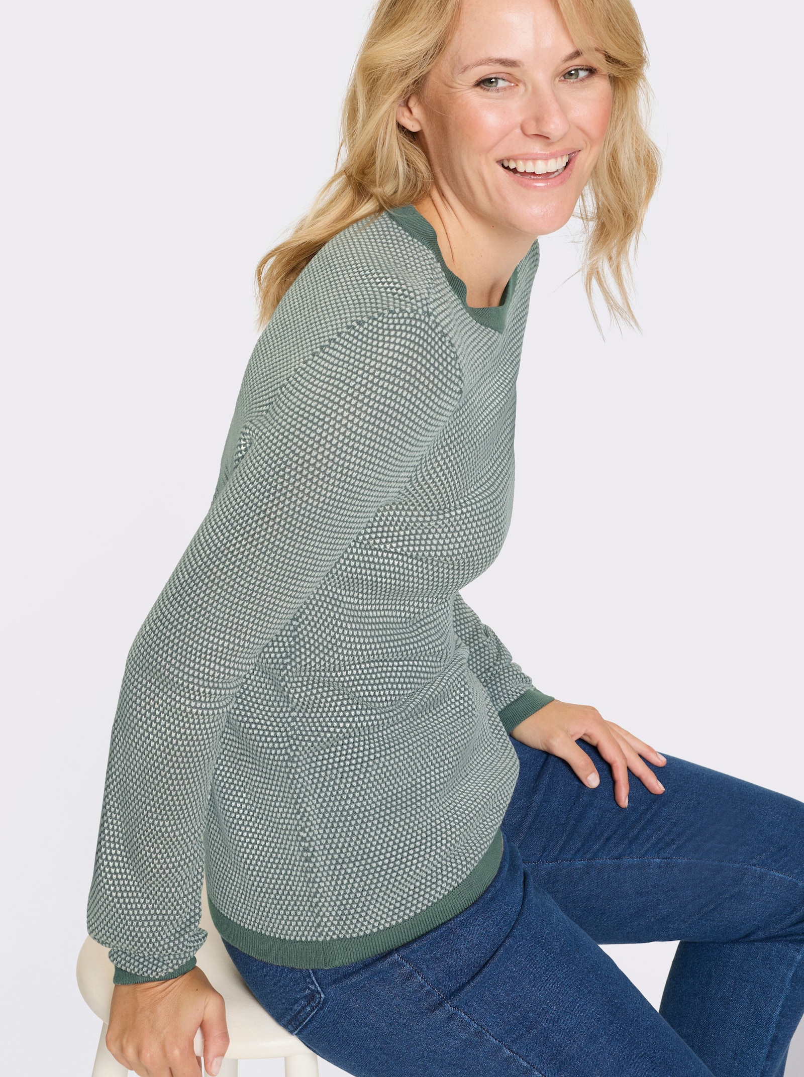 Rundhalspullover - jade-ecru-gemustert