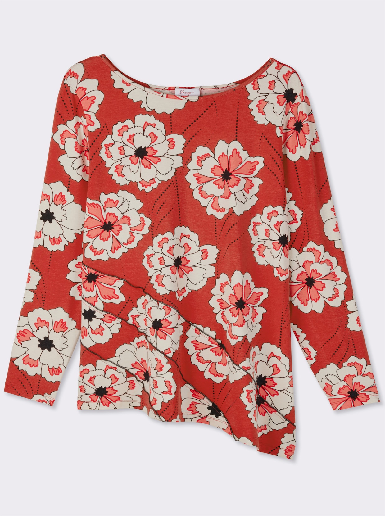 sheego T-shirt long avec ourlet asymétrique - fraise-corail imprimé