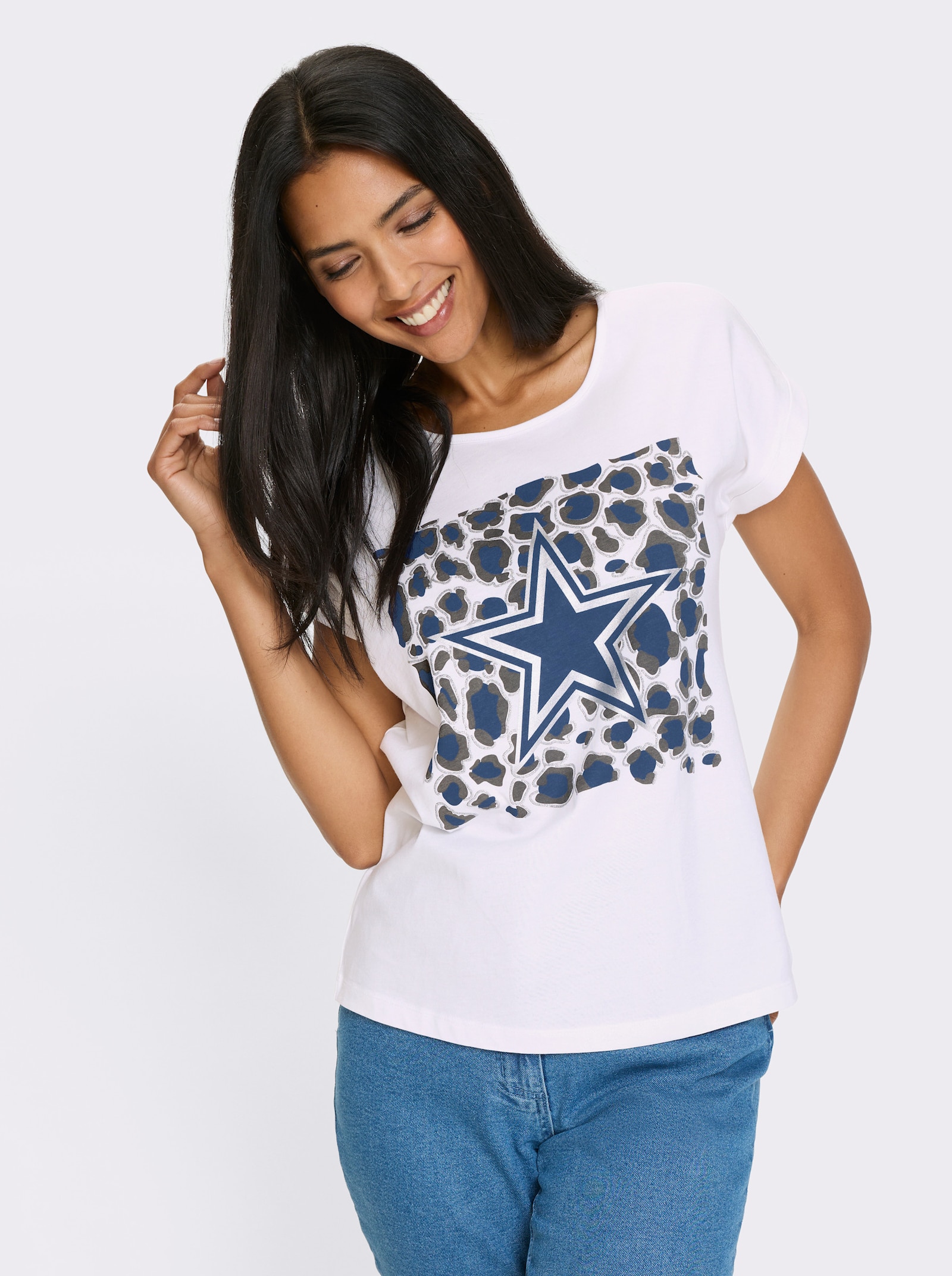 Kurzarmshirt mit Glitzer- und Folien-Print - weiß-jeansblau