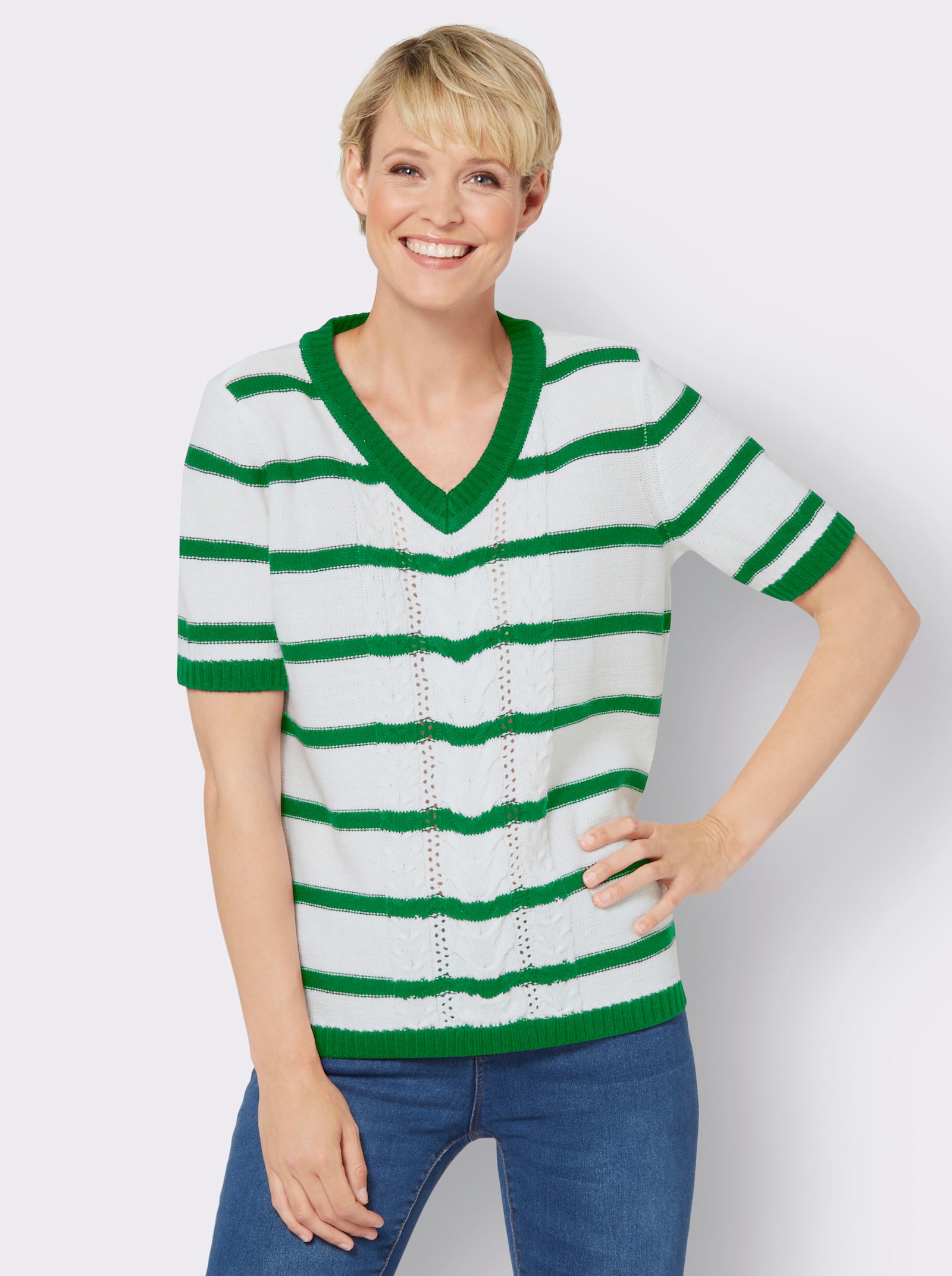 Pullover met korte mouwen en kabelpatroon - grasgroen/wit gestreept