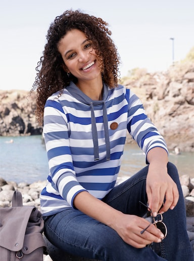 Sweatshirt mit halsfernem Stehkragen - taubenblau-rauchblau-geringelt