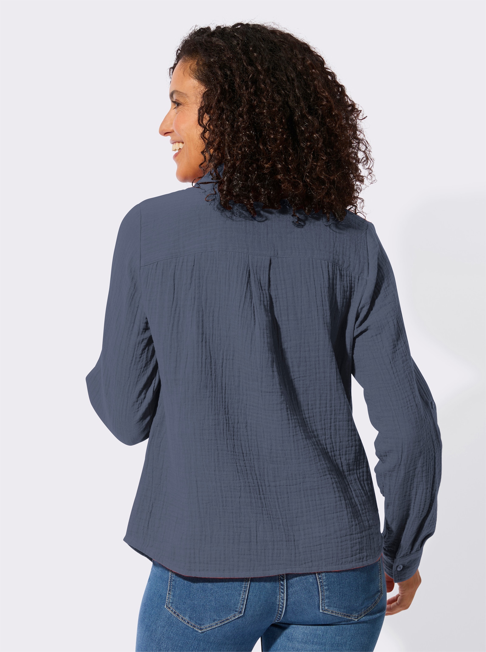Baumwollbluse mit krempelbaren Ärmeln - rauchblau