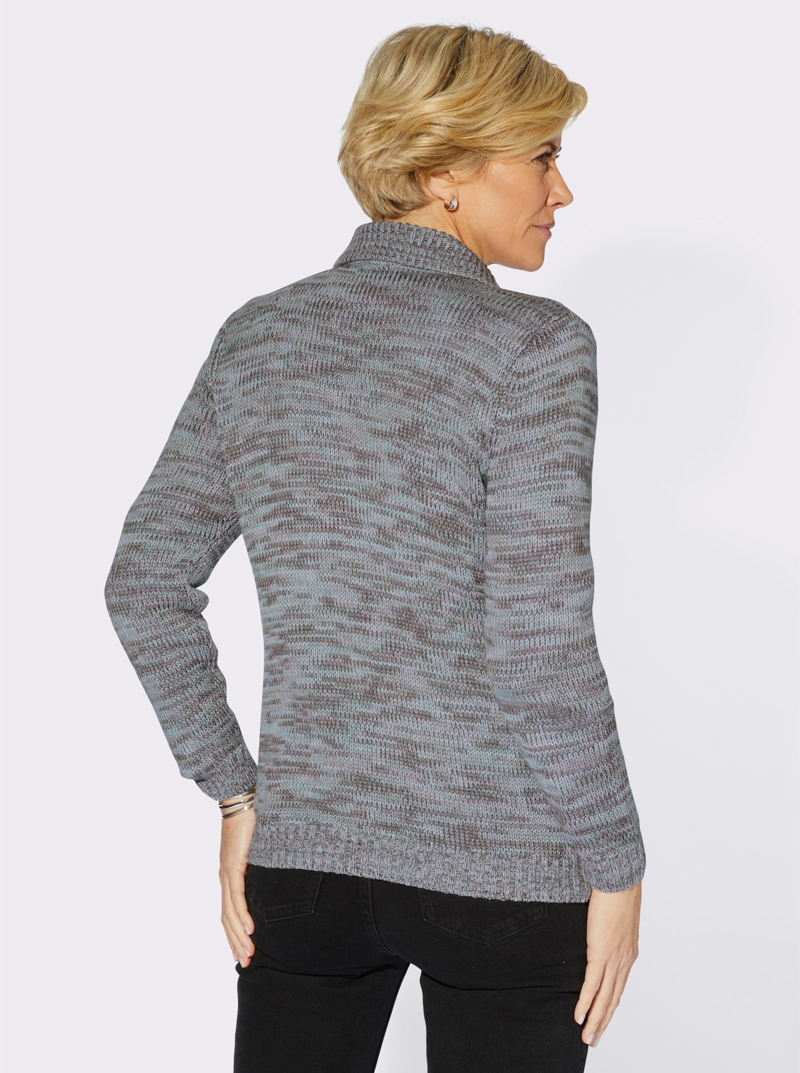 Strickjacke mit geripptem Polokragen - grau-kalkmint-gemustert