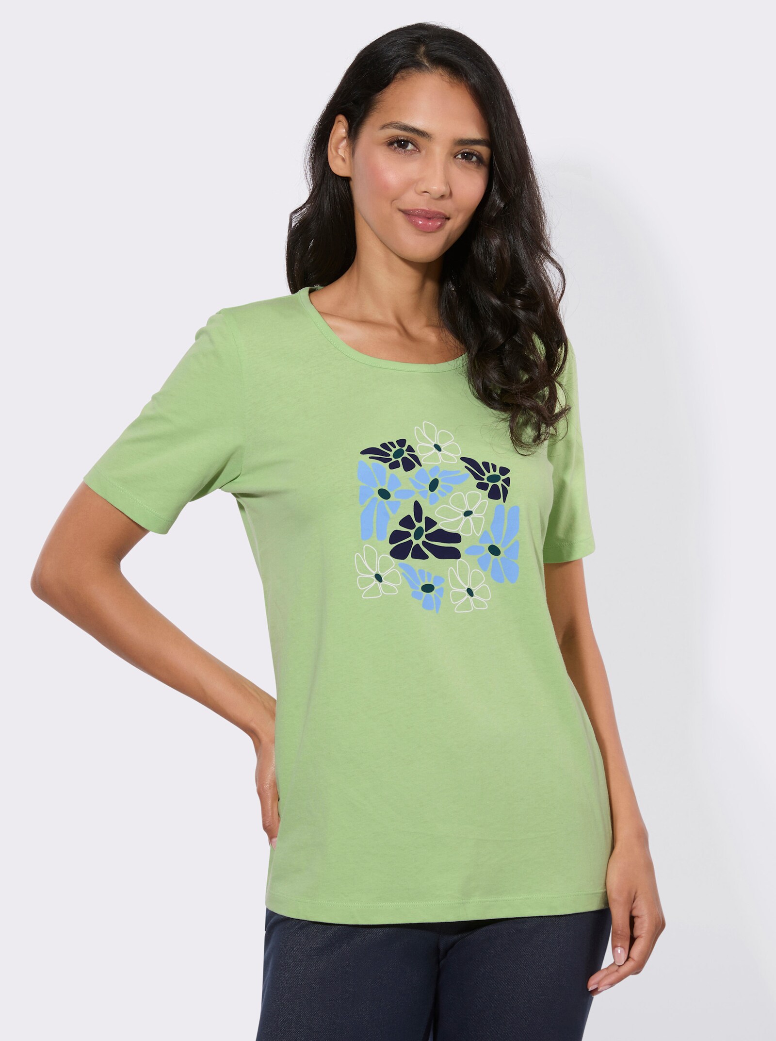 Kurzarmshirt mit platziertem Blumen-Print - reseda