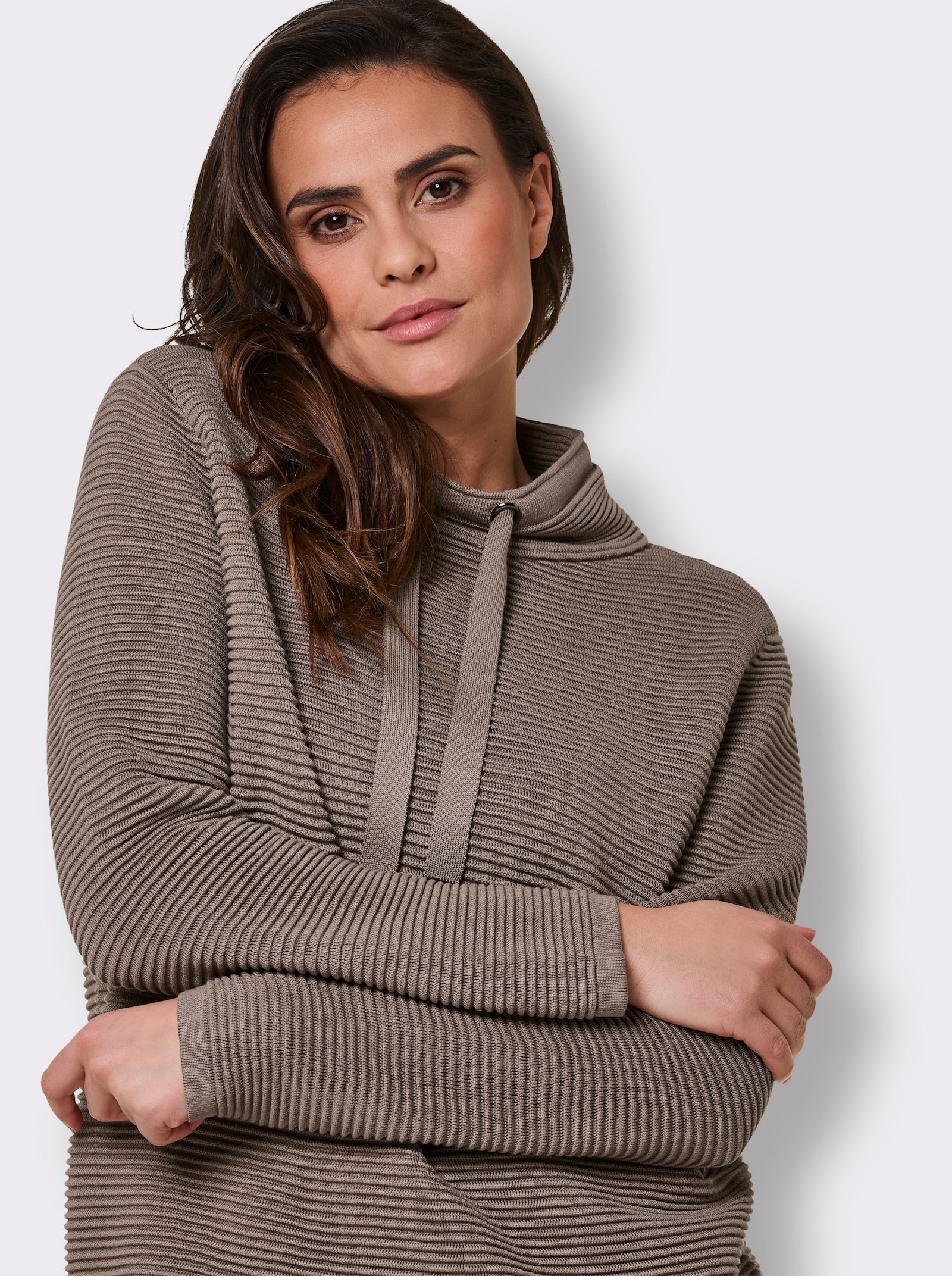 CREATION L PREMIUM Langarm-Pullover mit Ripp-Struktur - sesam-meliert