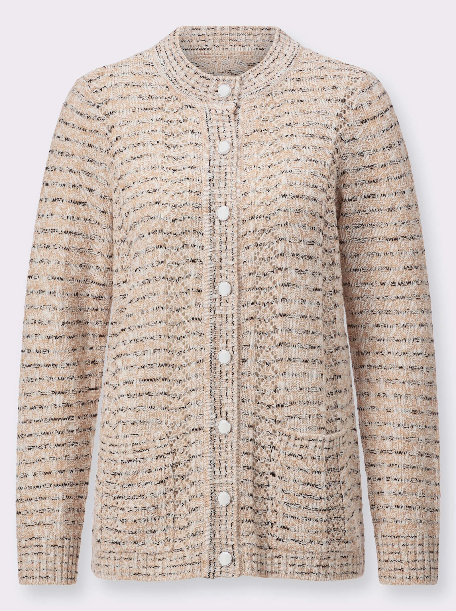 Ajourstrickjacke mit Schmuckknöpfen - ecru-meliert