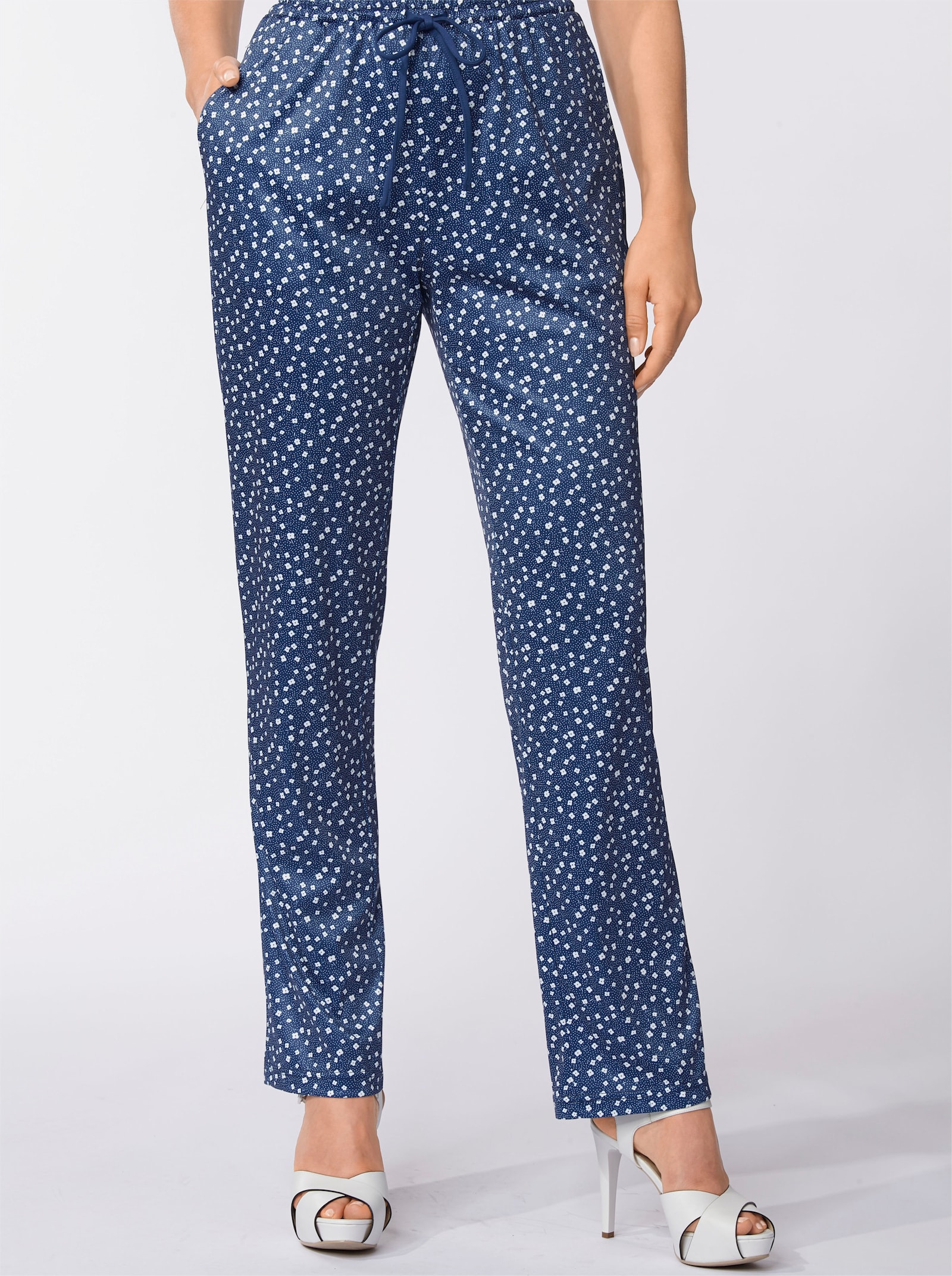 Žerzejové kalhoty s páskem - námořnická-kvítky